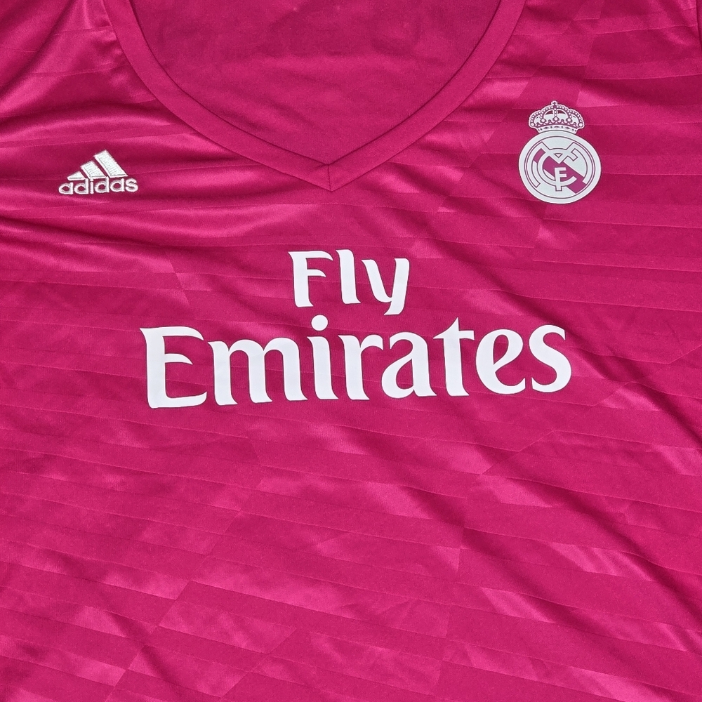 Sergio Ramos Adidas Women's Bright Pink V-Neck Jersey REAL MADRID 2014 2015 AWAY - Picture 5 of 13